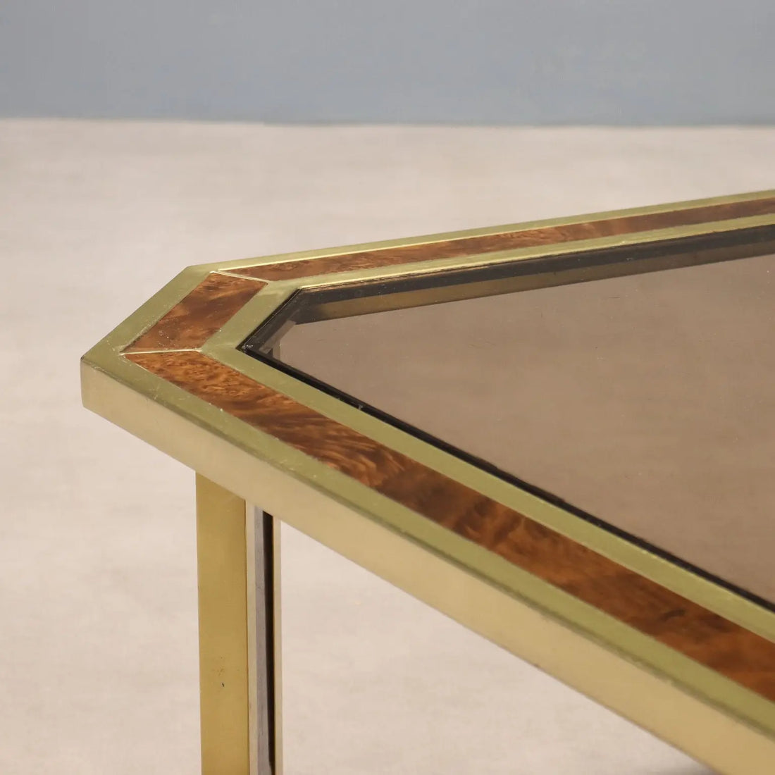 Vintage Coffee Table Brass Burl Smoked Glass Design 1970s | Modernism | Tables