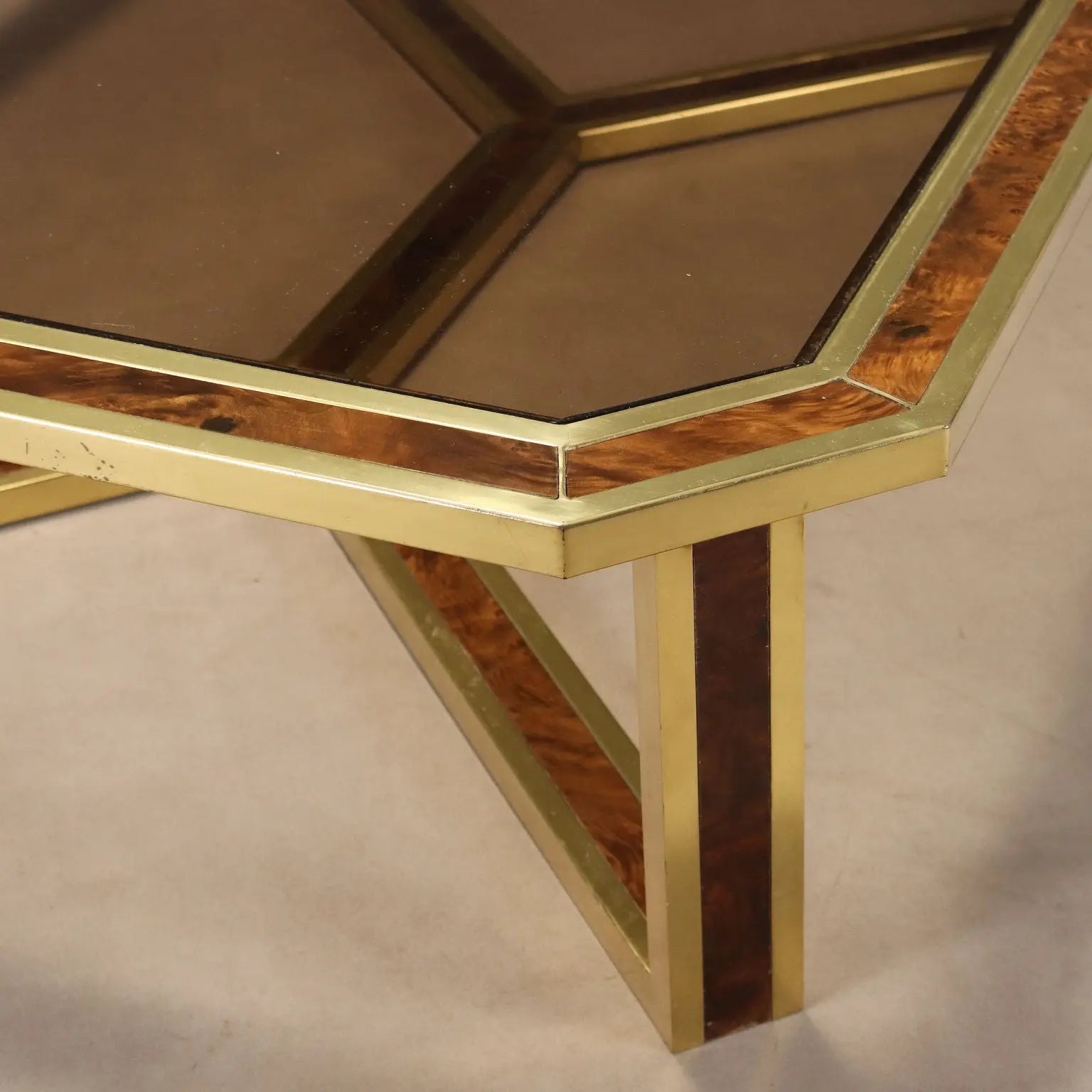 Vintage Coffee Table Brass Burl Smoked Glass Design 1970s | Modernism | Tables