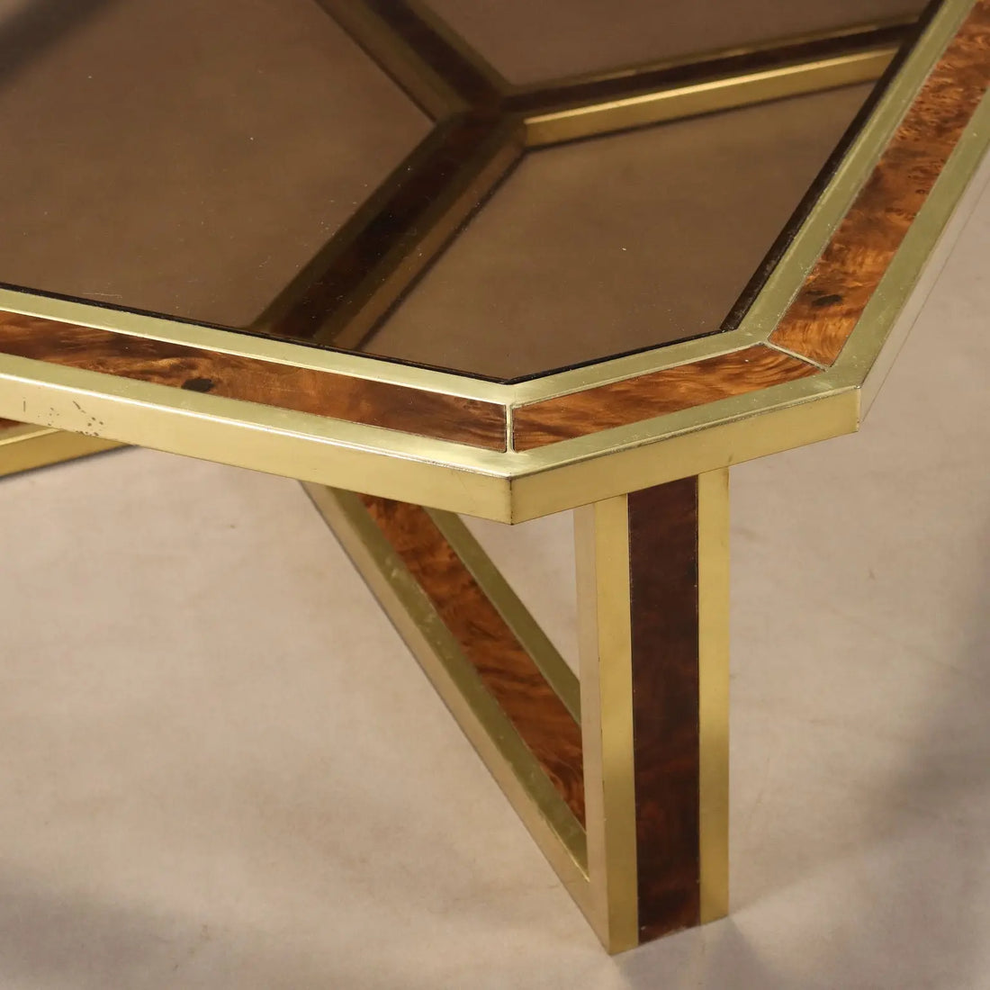 Vintage Coffee Table Brass Burl Smoked Glass Design 1970s | Modernism | Tables