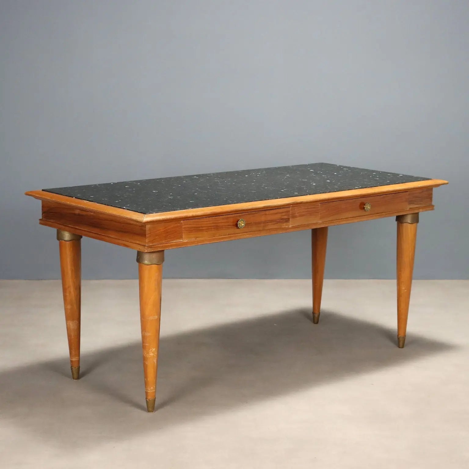 Vintage Table Walnut Marble Top Brass Design Italy 1950s