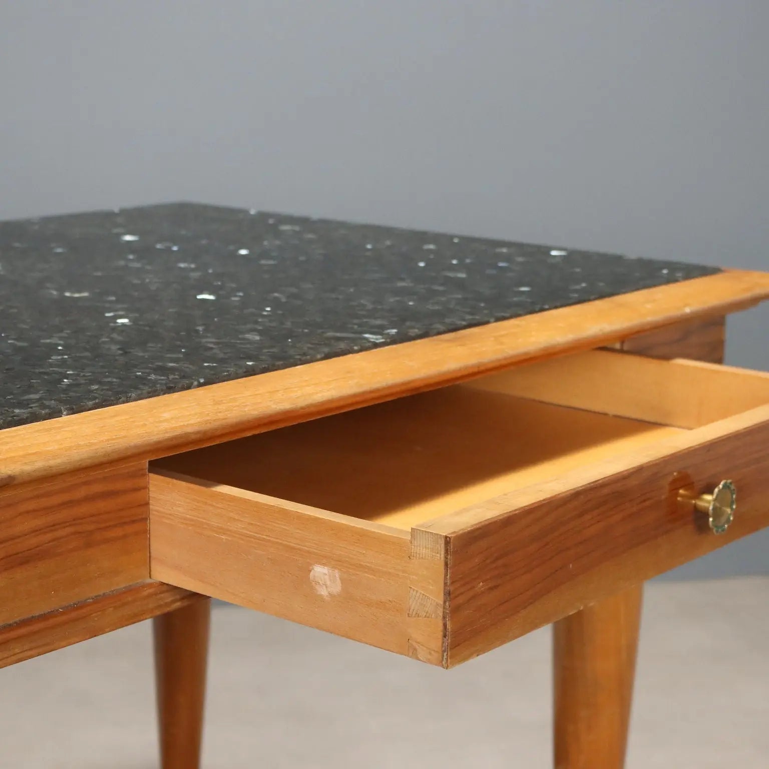 Vintage Table Walnut Marble Top Brass Design Italy 1950s