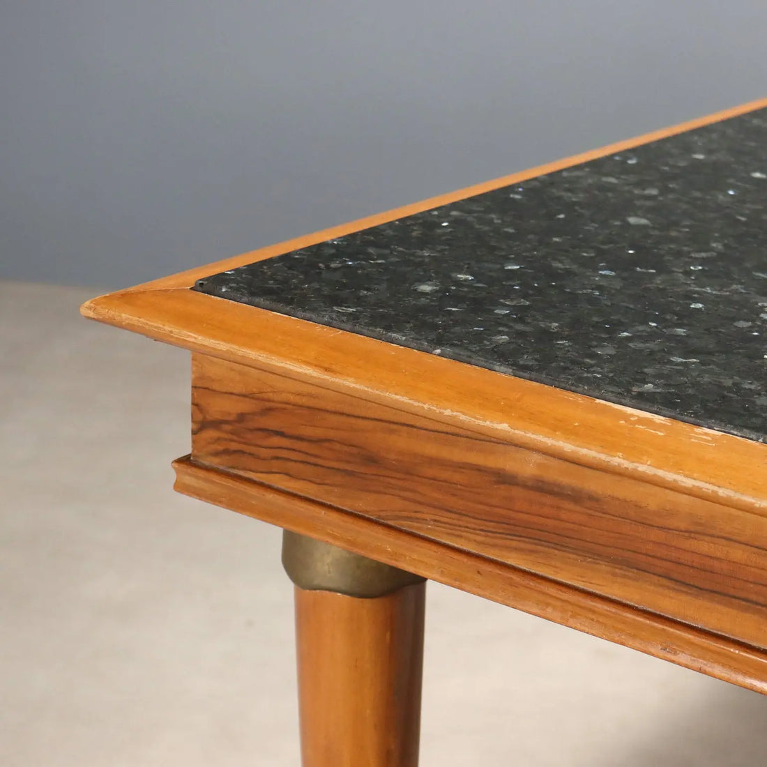 Vintage Table Walnut Marble Top Brass Design Italy 1950s