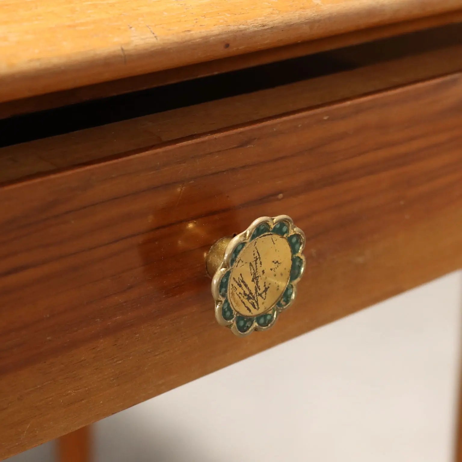 Vintage Table Walnut Marble Top Brass Design Italy 1950s