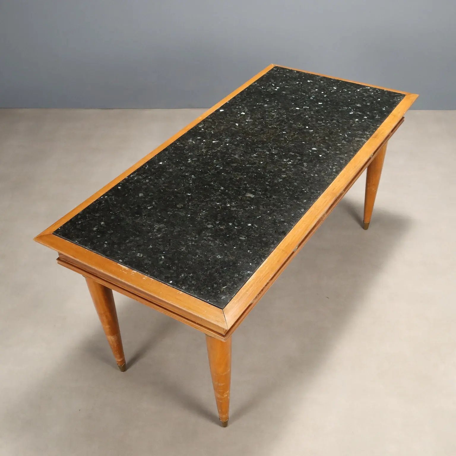 Vintage Table Walnut Marble Top Brass Design Italy 1950s