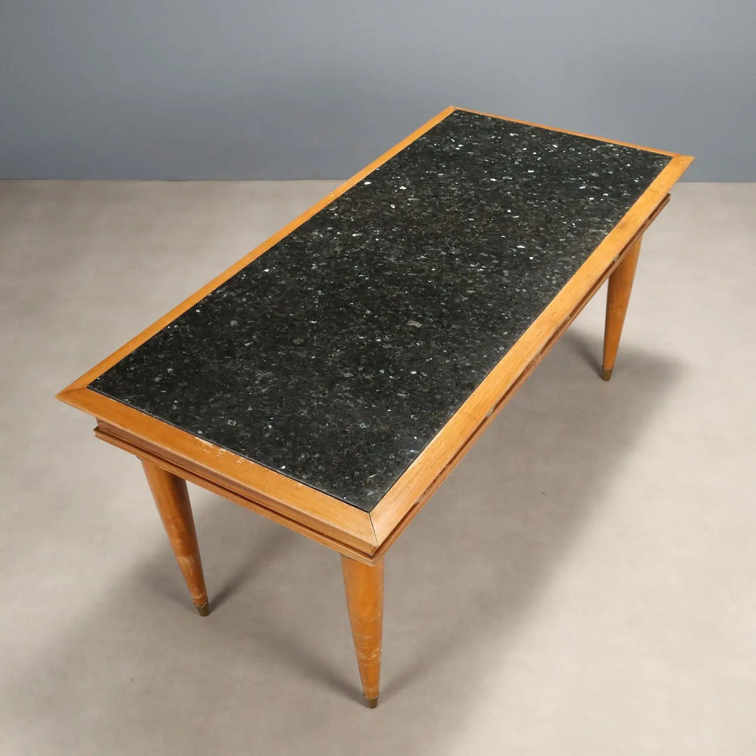 Vintage Table Walnut Marble Top Brass Design Italy 1950s