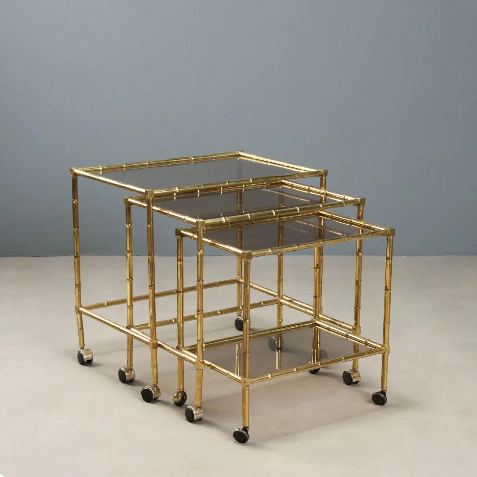 Vintage Coffee Tables Brass Smoked Glass Italy 1980s