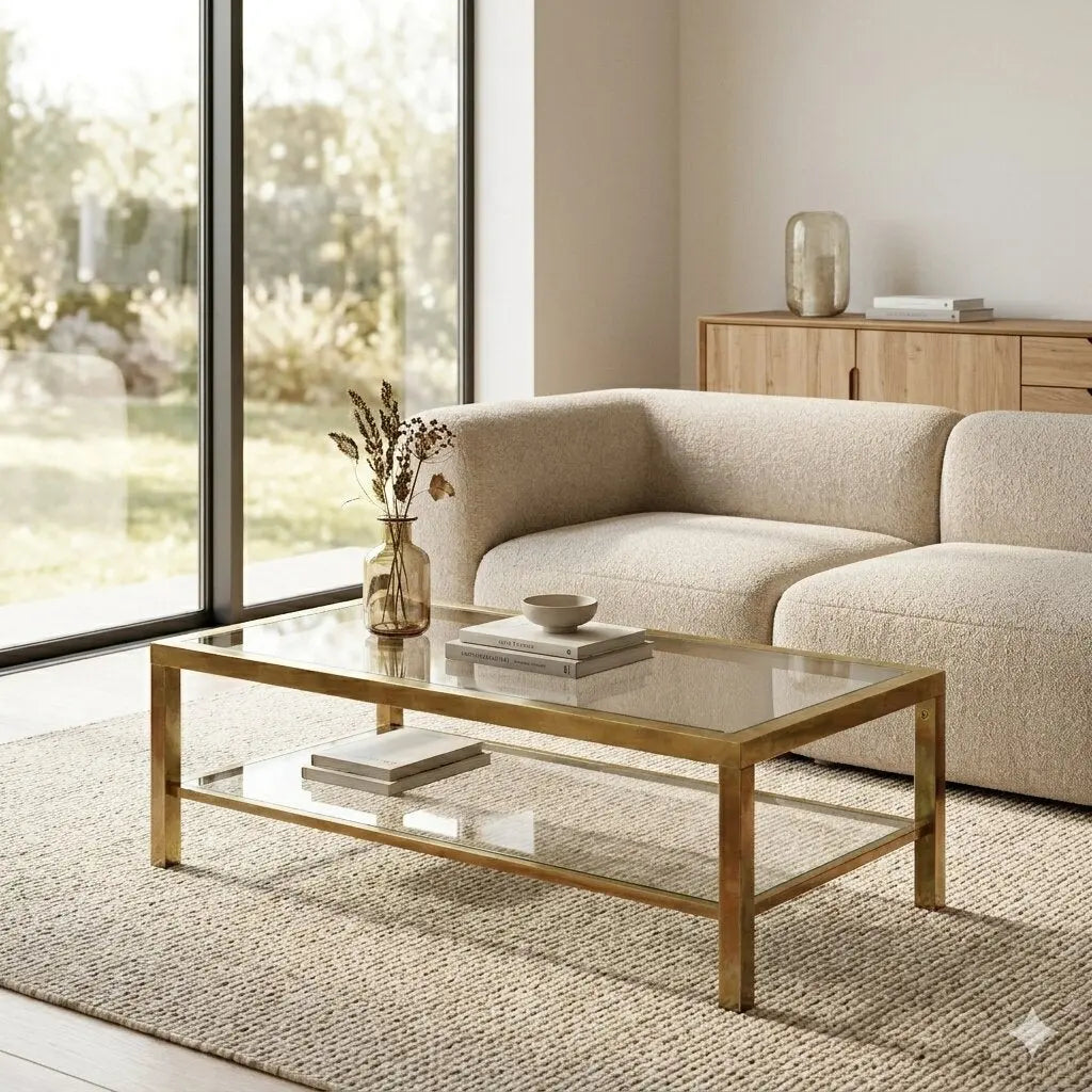 Vintage Coffee Table Brass-Plated Metal Glass Design 1970s-80s
