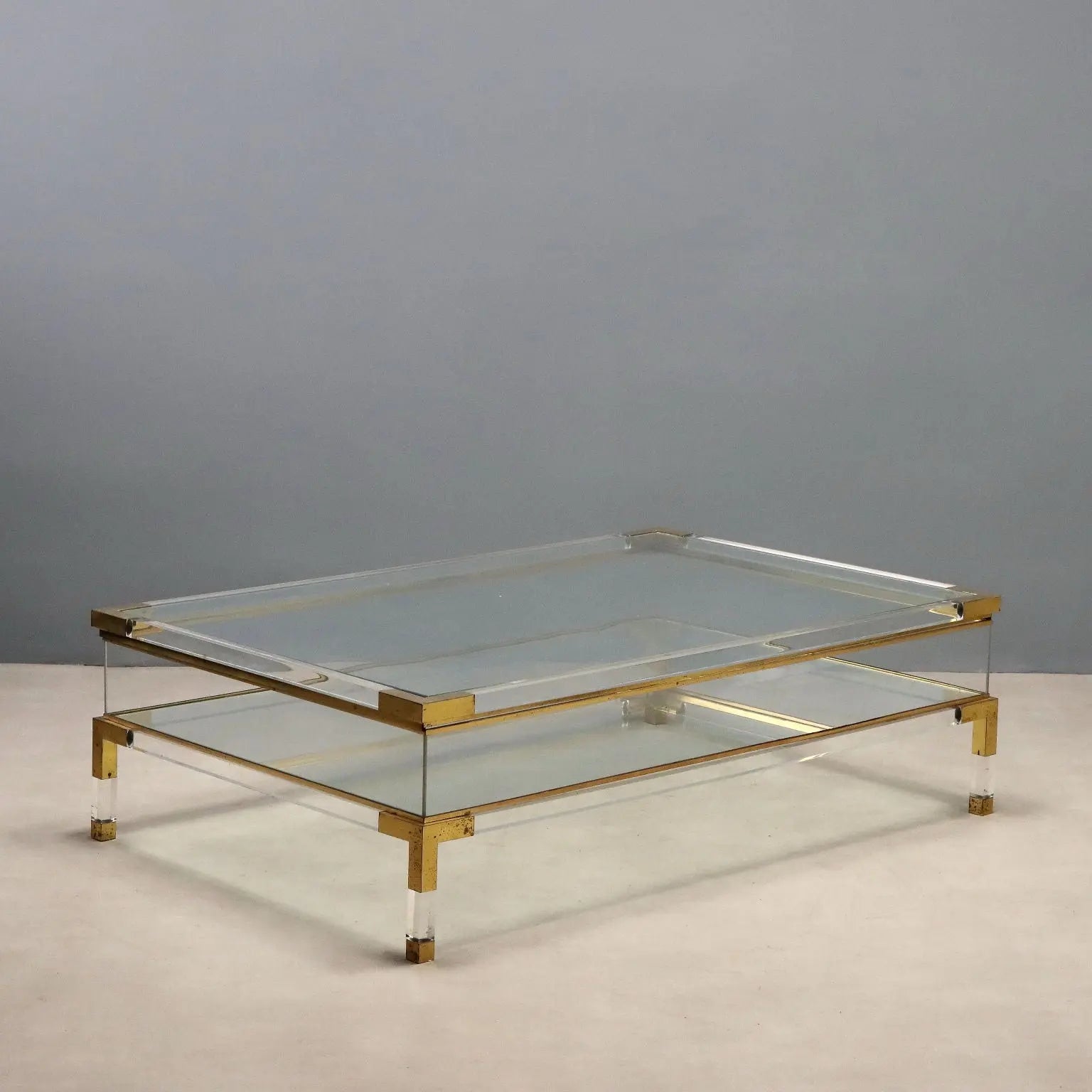 Vintage Coffee Table Glass Plexiglas Brass Design Italy 1980s