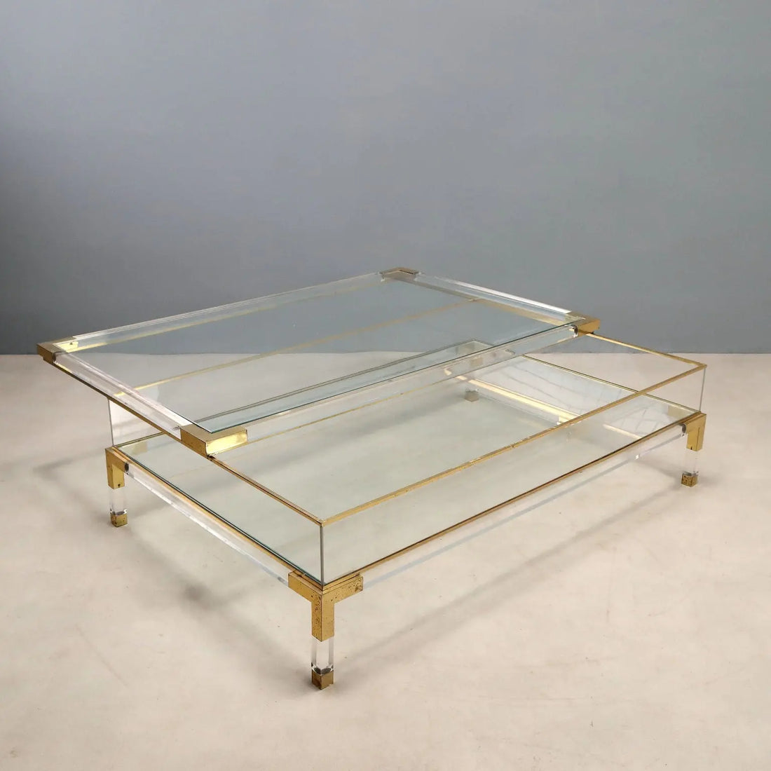 Vintage Coffee Table Glass Plexiglas Brass Design Italy 1980s