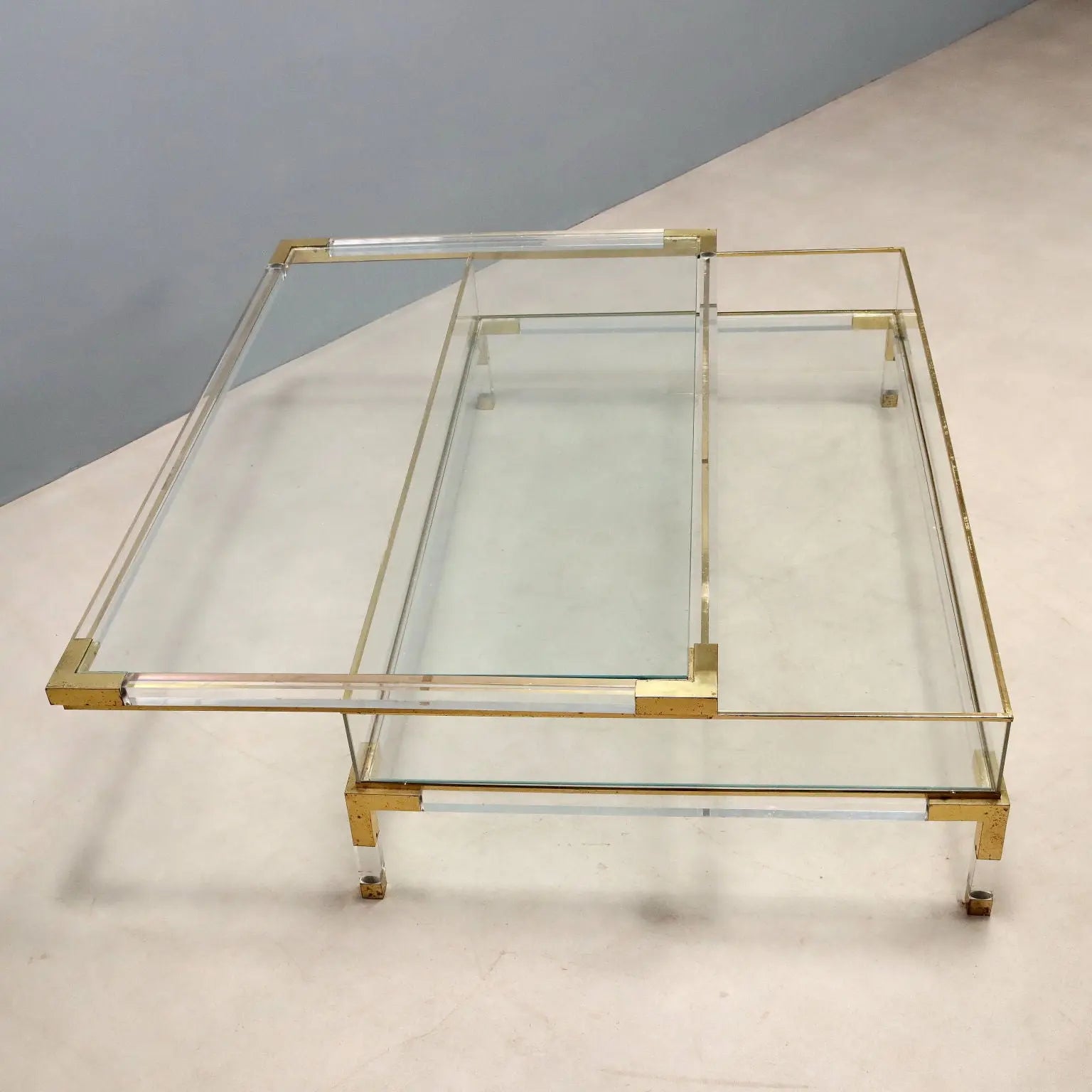 Vintage Coffee Table Glass Plexiglas Brass Design Italy 1980s