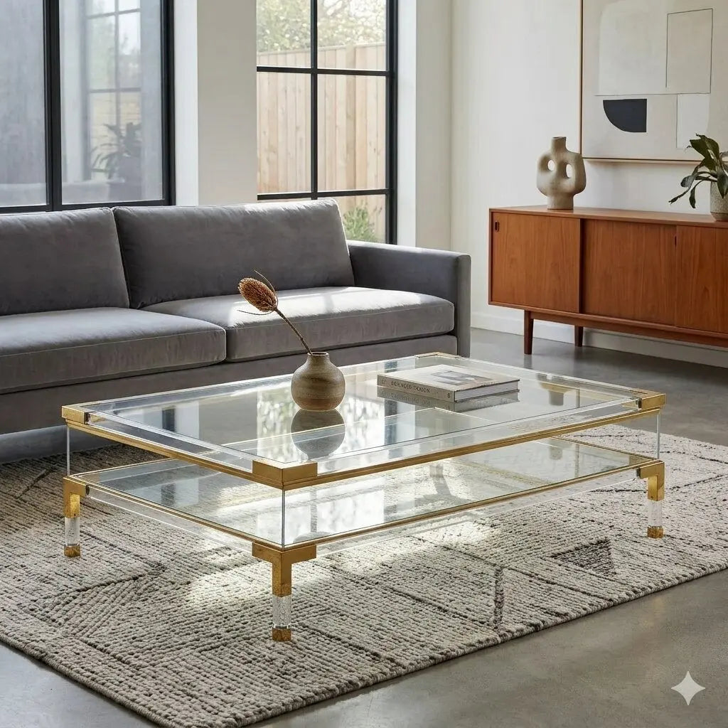 Vintage Coffee Table Glass Plexiglas Brass Design Italy 1980s