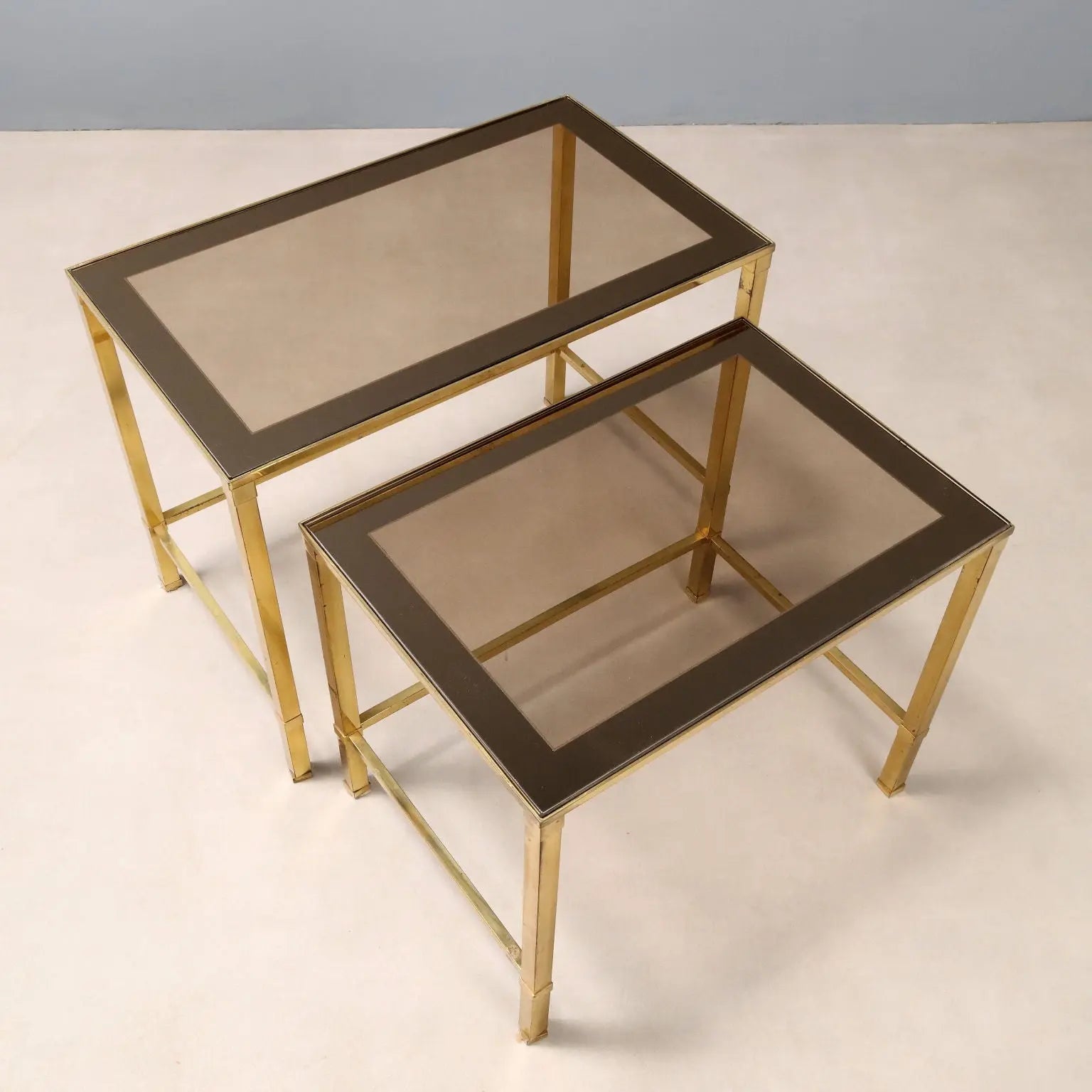 Vintage Coffee Tables Brass Smoked Glass Design Italy 1960s-70s 