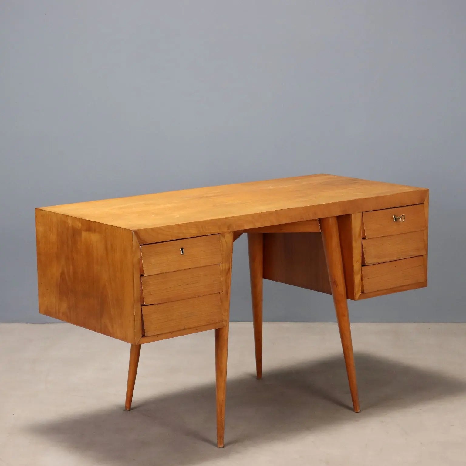 Vintage Writing Desk Maple Veneer Drawers Italy 1950s