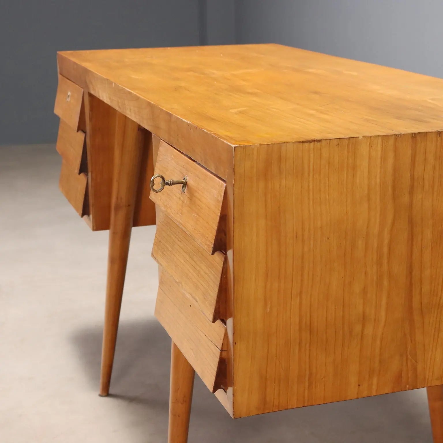 Vintage Writing Desk Maple Veneer Drawers Italy 1950s