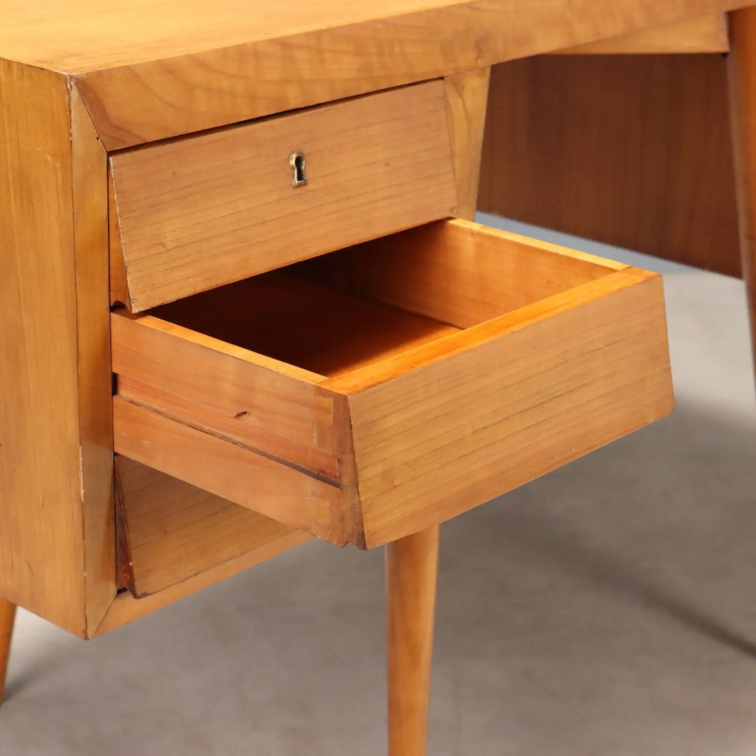 Vintage Writing Desk Maple Veneer Drawers Italy 1950s
