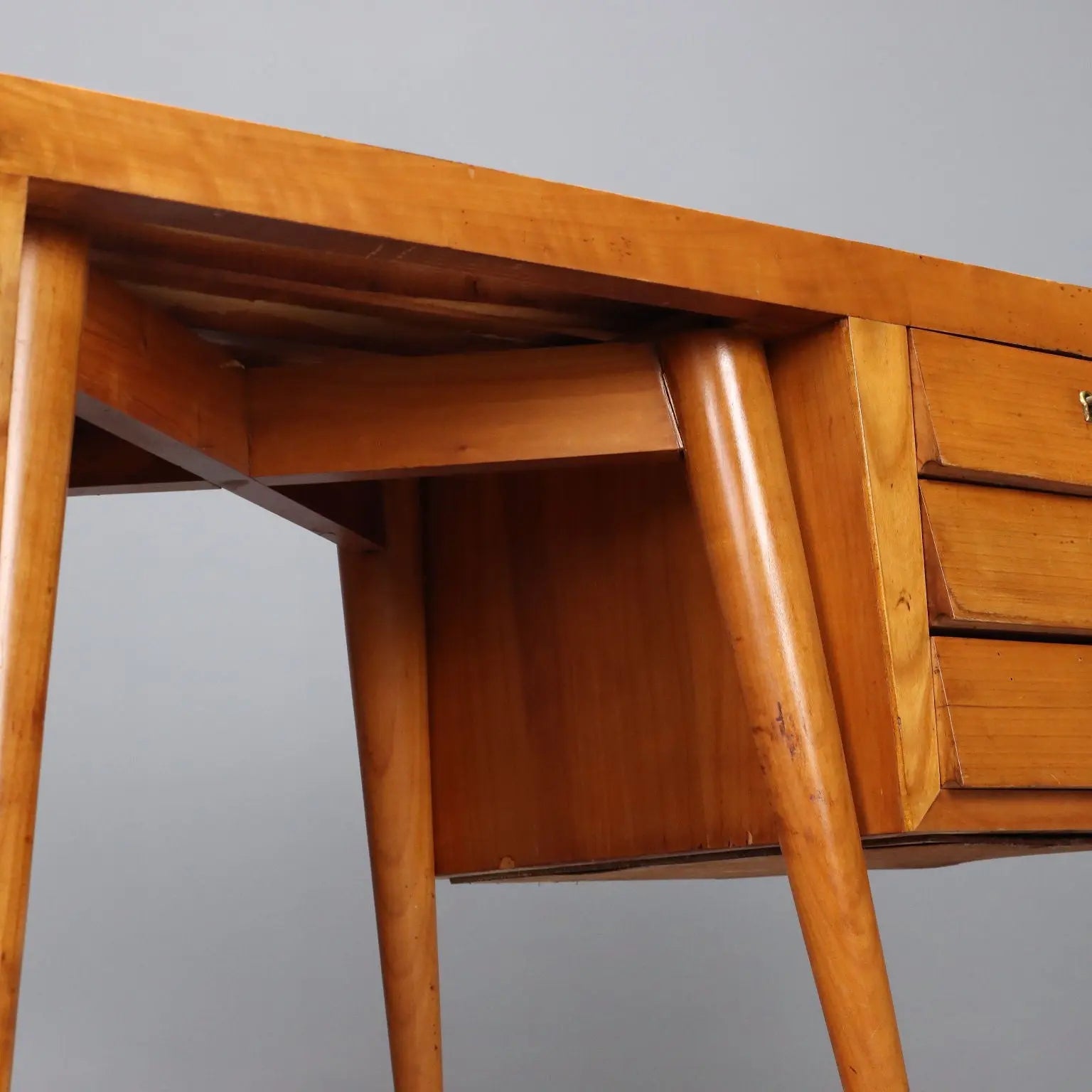 Vintage Writing Desk Maple Veneer Drawers Italy 1950s