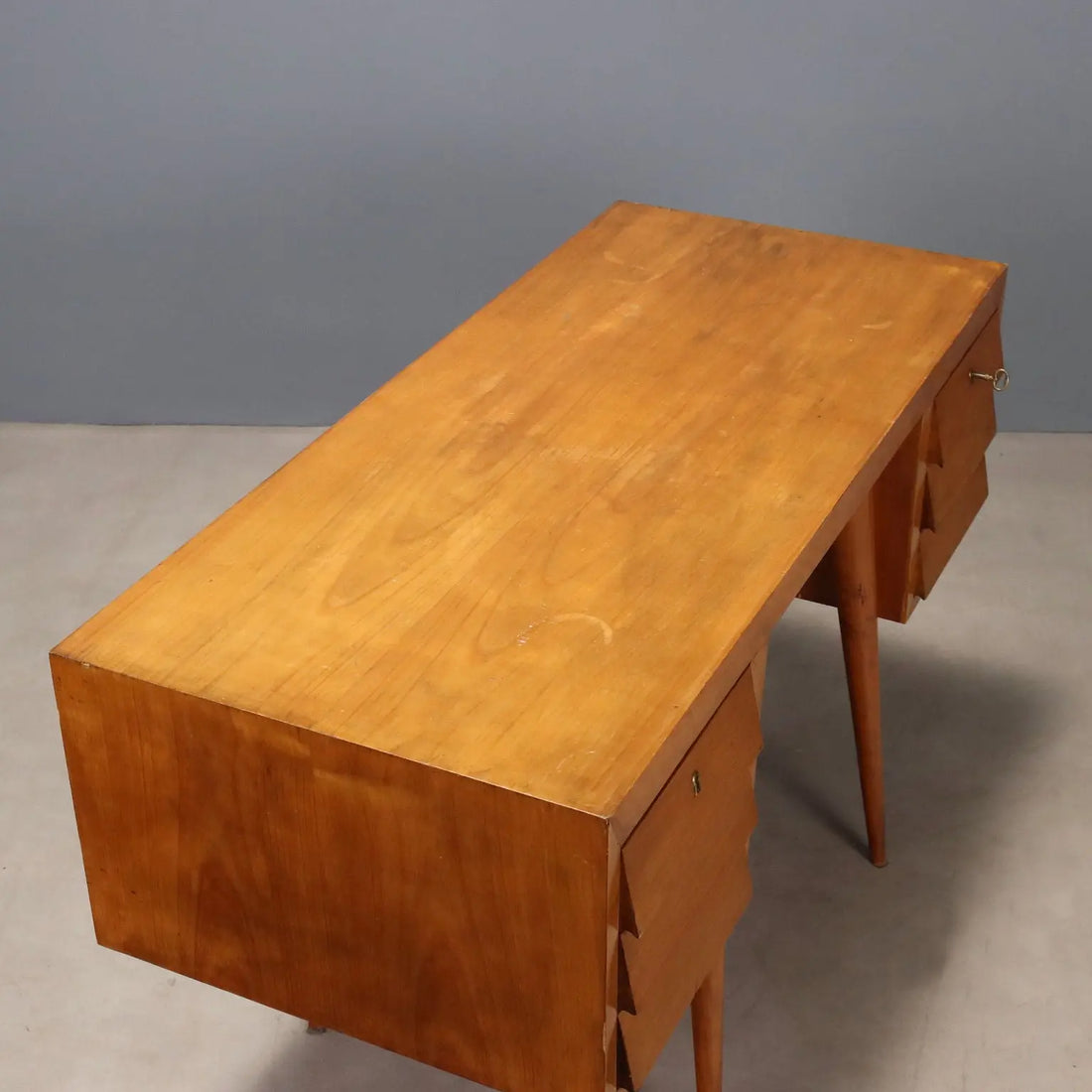 Vintage Writing Desk Maple Veneer Drawers Italy 1950s