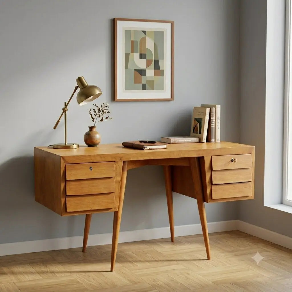 Vintage Writing Desk Maple Veneer Drawers Italy 1950s