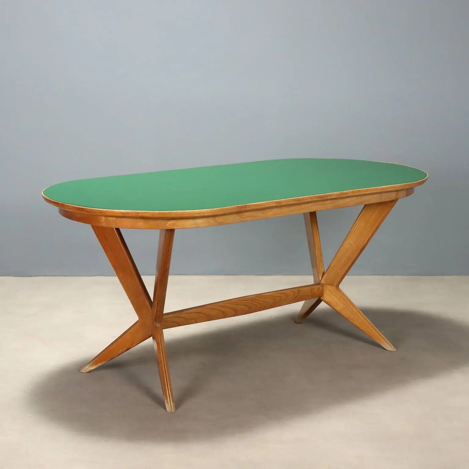 Vintage Table Oak Green Glass Design Italy 1960s