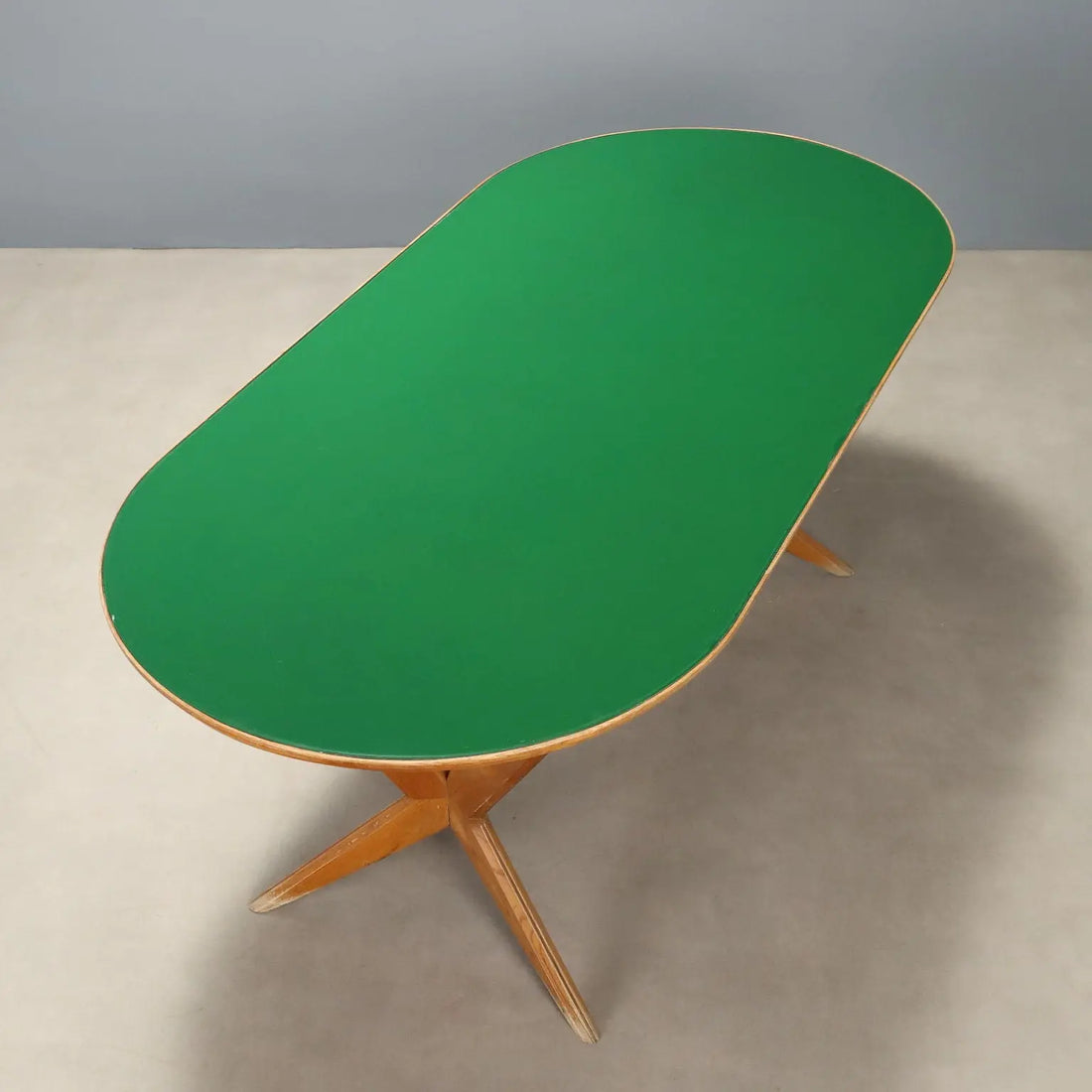 Vintage Table Oak Green Glass Design Italy 1960s