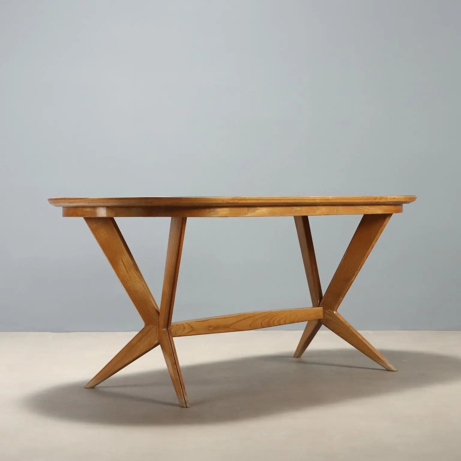 Vintage Table Oak Green Glass Design Italy 1960s