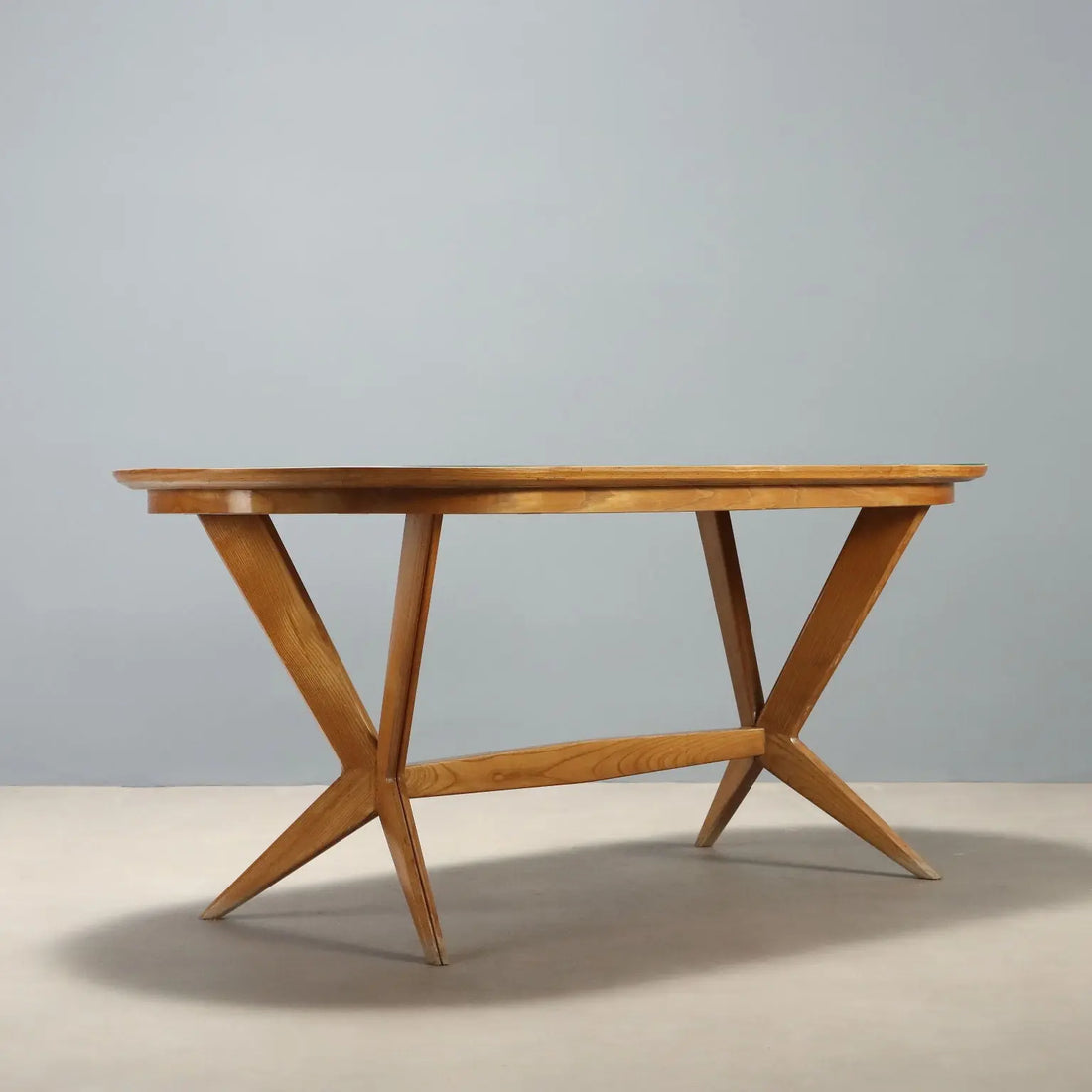 Vintage Table Oak Green Glass Design Italy 1960s