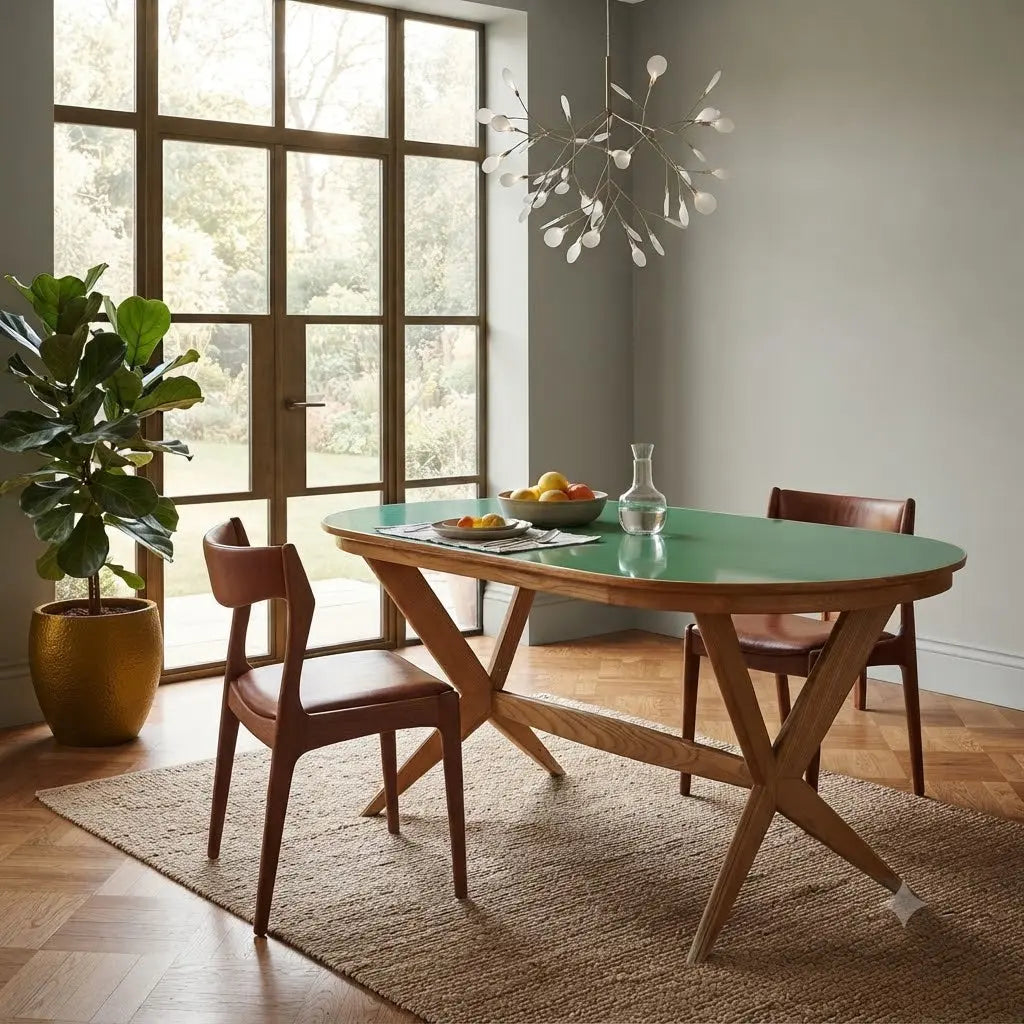 Vintage Table Oak Green Glass Design Italy 1960s