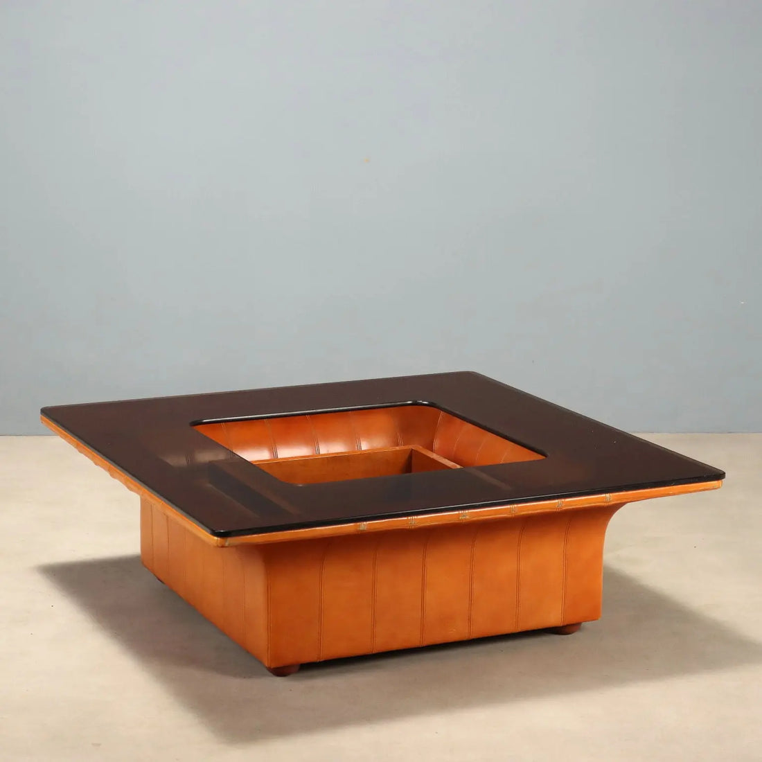 Vintage Frau Coffee Table Wood Leather Design Italy 1970s