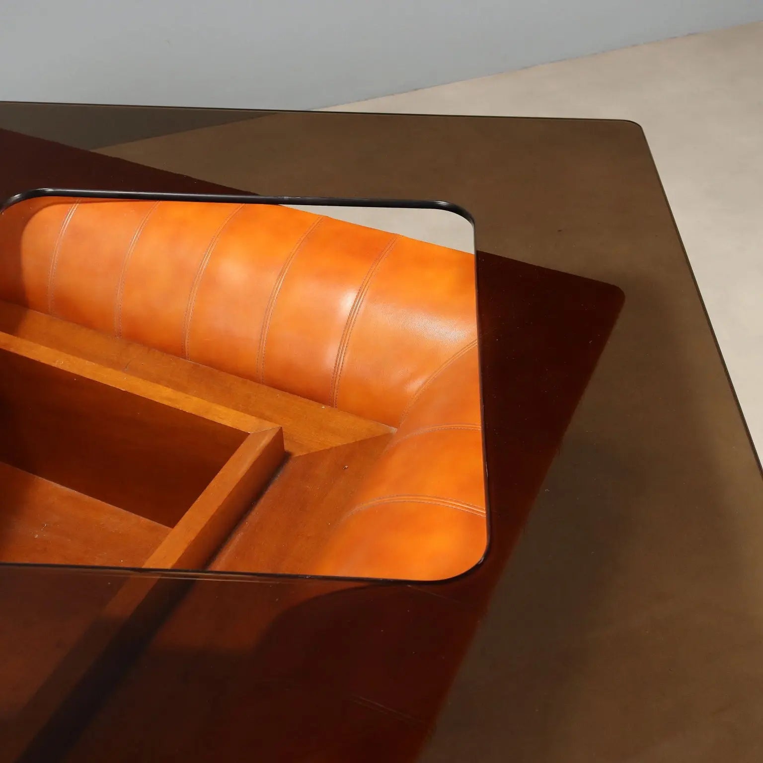 Vintage Frau Coffee Table Wood Leather Design Italy 1970s