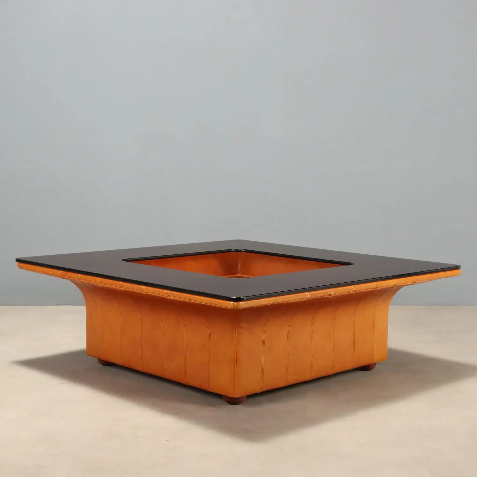 Vintage Frau Coffee Table Wood Leather Design Italy 1970s