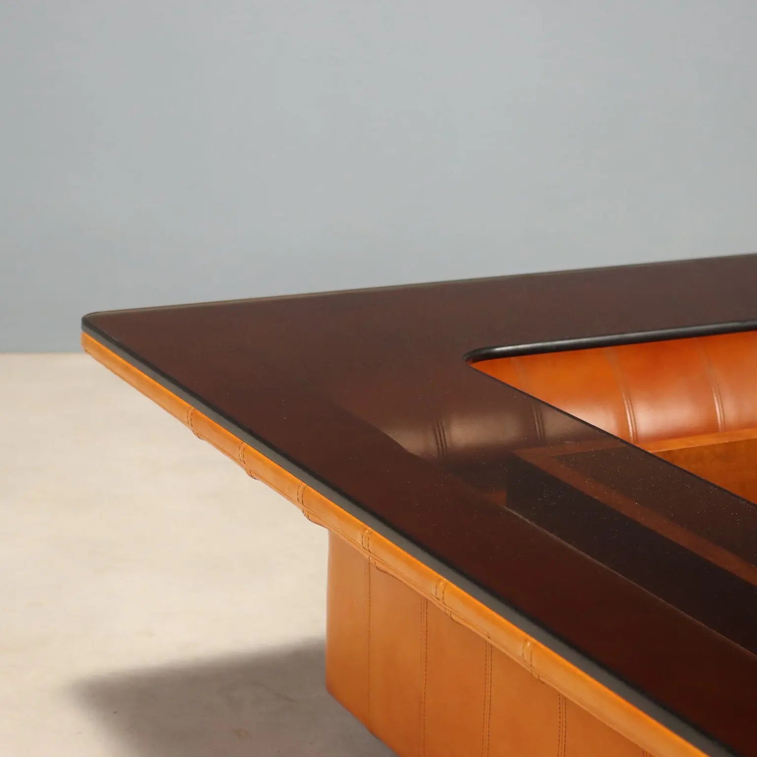 Vintage Frau Coffee Table Wood Leather Design Italy 1970s