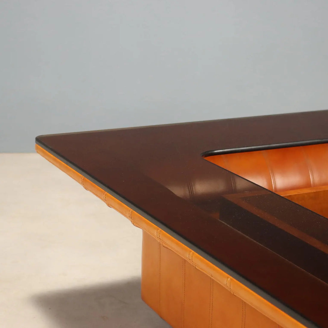 Vintage Frau Coffee Table Wood Leather Design Italy 1970s