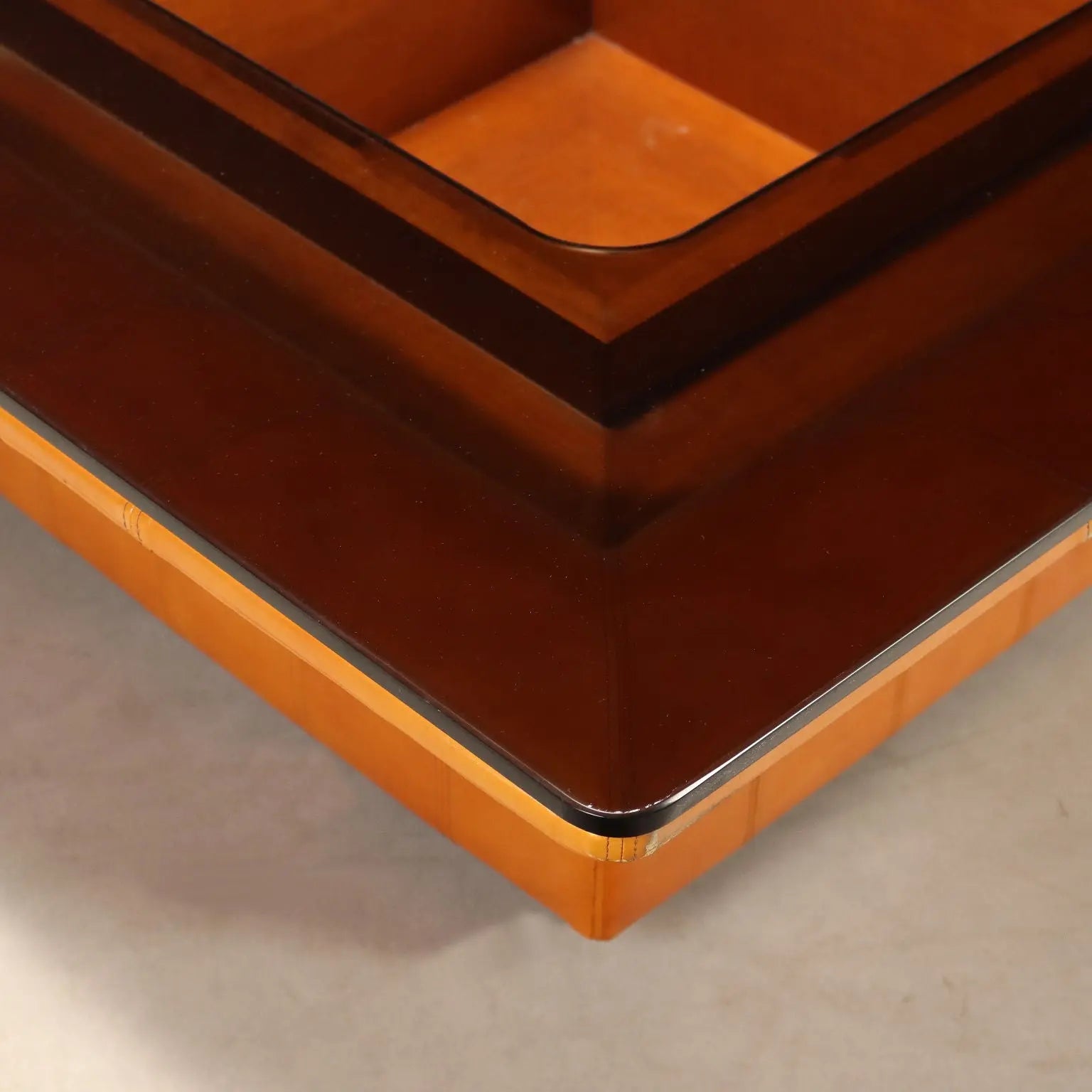 Vintage Frau Coffee Table Wood Leather Design Italy 1970s