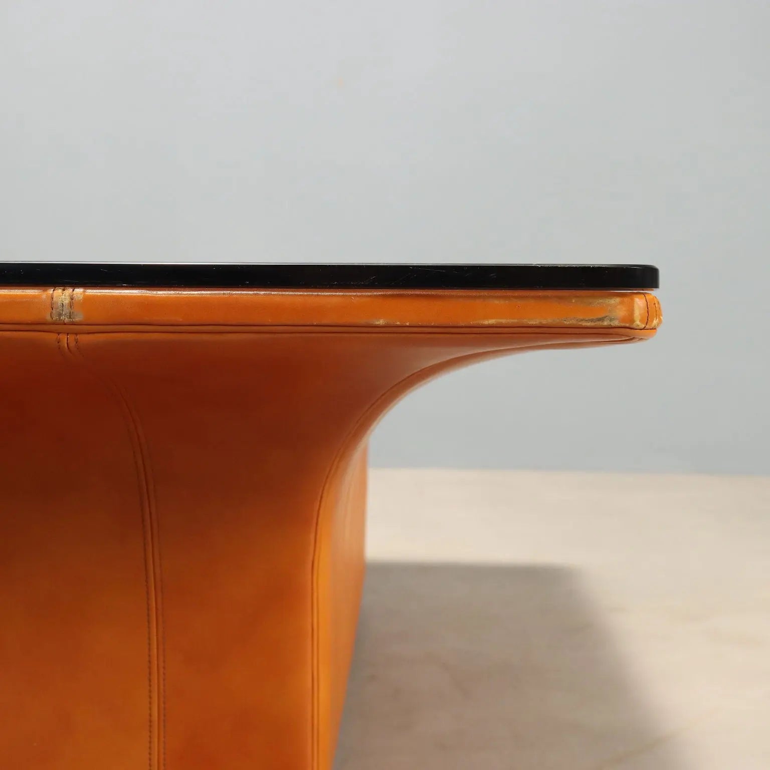 Vintage Frau Coffee Table Wood Leather Design Italy 1970s