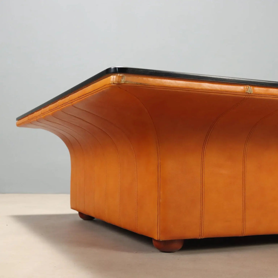 Vintage Frau Coffee Table Wood Leather Design Italy 1970s