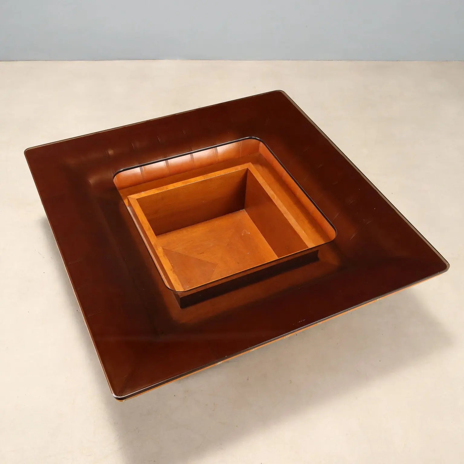Vintage Frau Coffee Table Wood Leather Design Italy 1970s