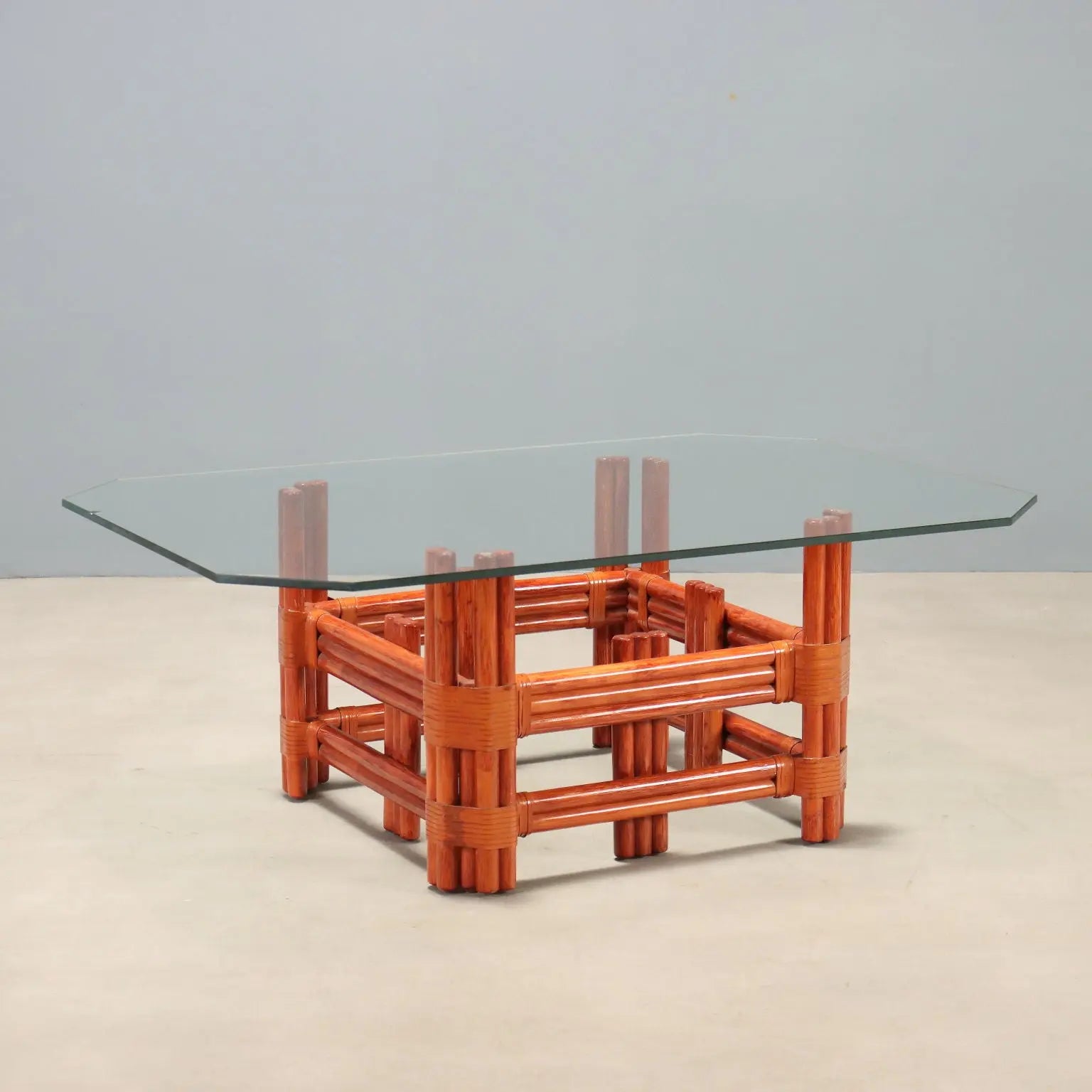 Vintage Coffee Table Red Bamboo of Maugrion Glass Design 1980s