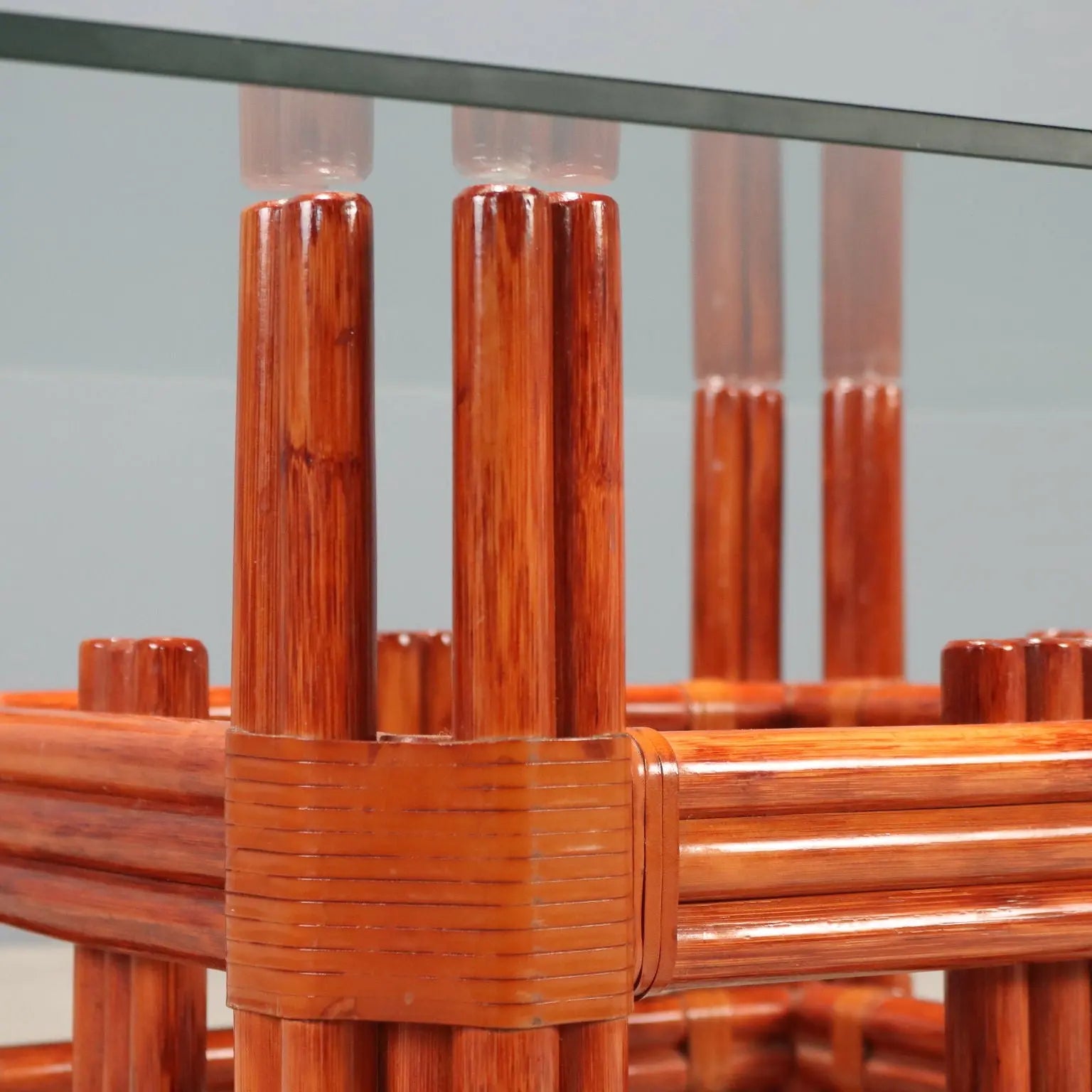 Vintage Coffee Table Red Bamboo of Maugrion Glass Design 1980s