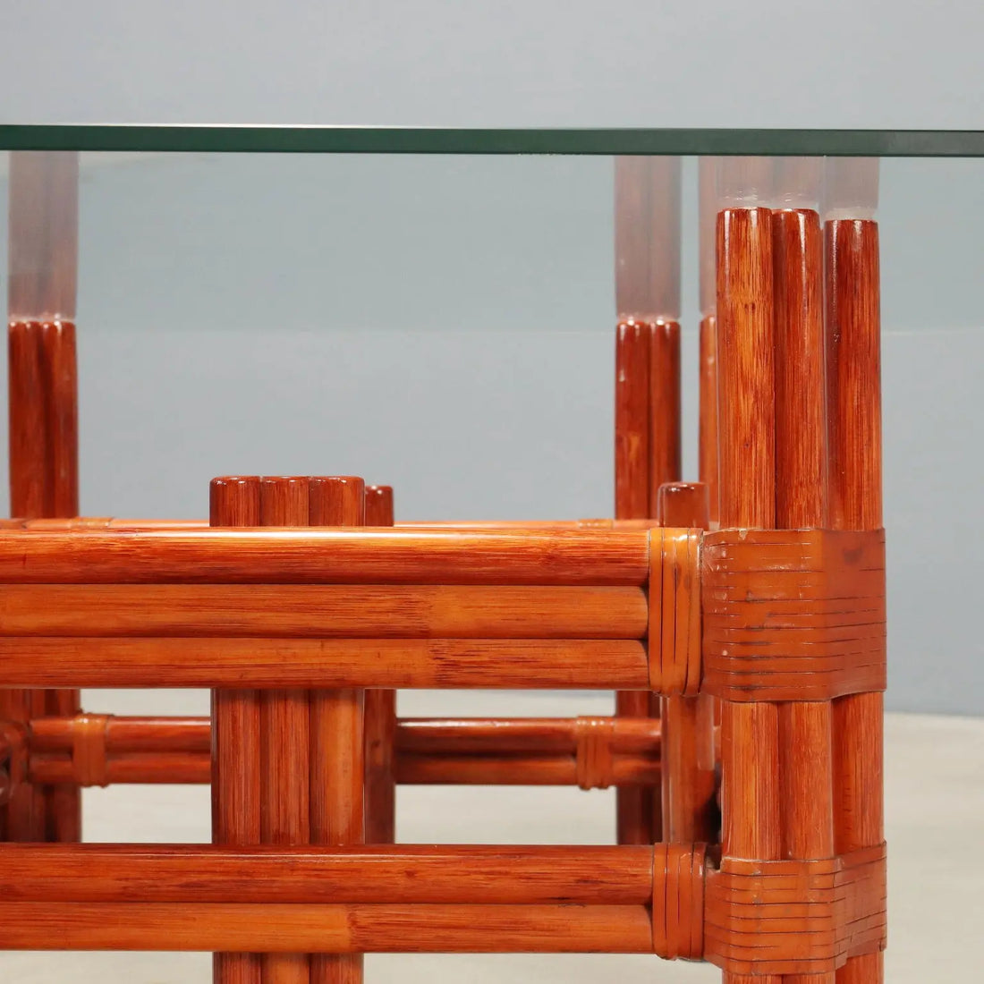 Vintage Coffee Table Red Bamboo of Maugrion Glass Design 1980s
