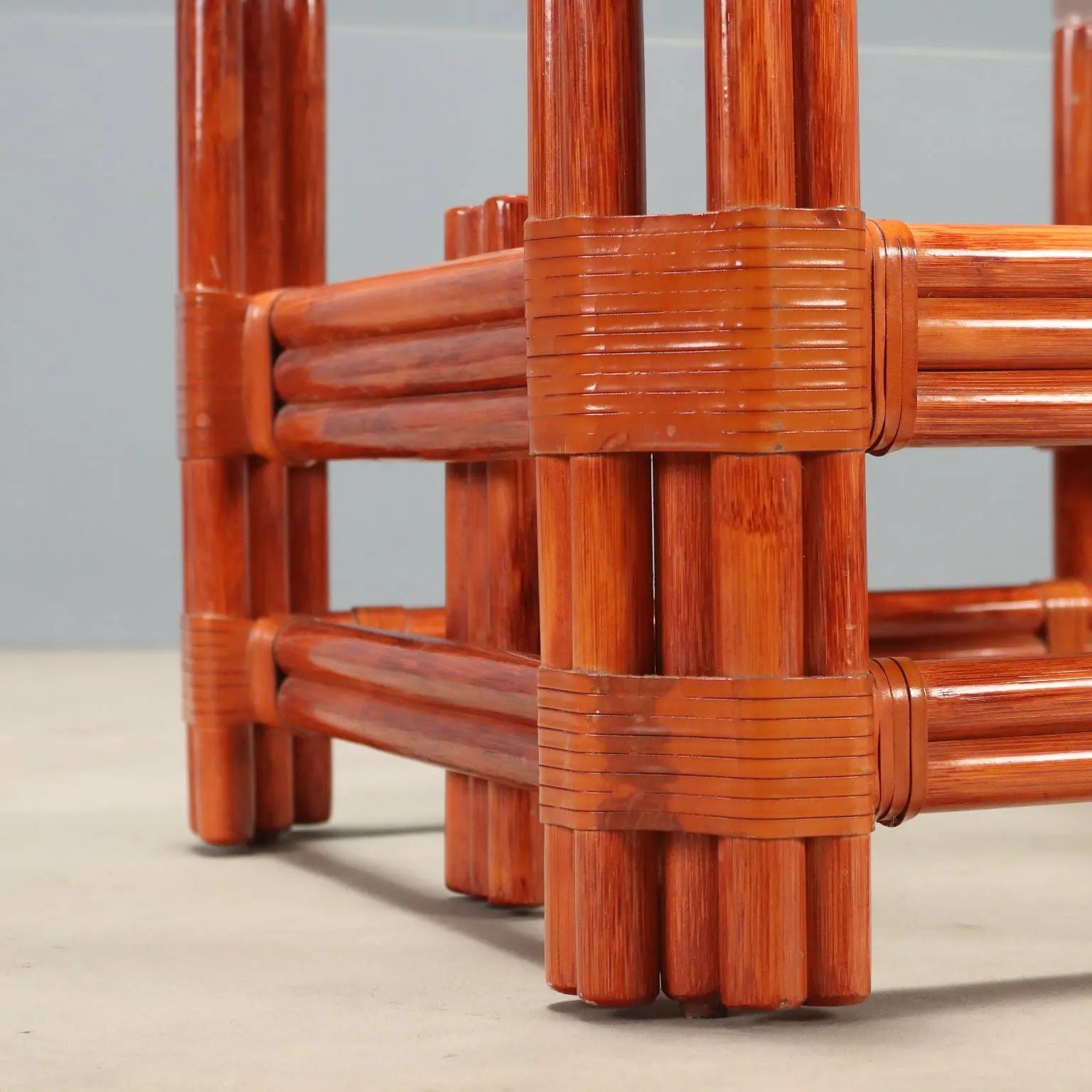 Vintage Coffee Table Red Bamboo of Maugrion Glass Design 1980s