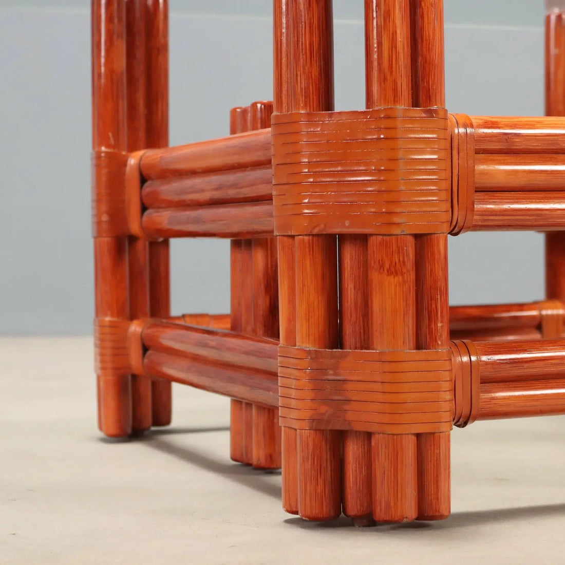 Vintage Coffee Table Red Bamboo of Maugrion Glass Design 1980s