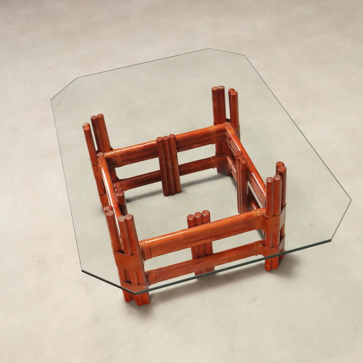 Vintage Coffee Table Red Bamboo of Maugrion Glass Design 1980s