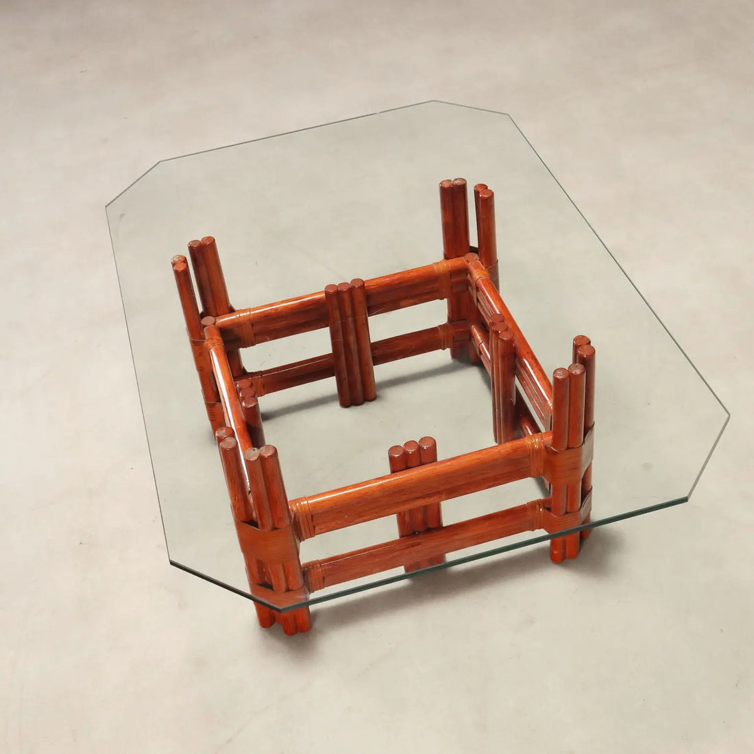 Vintage Coffee Table Red Bamboo of Maugrion Glass Design 1980s