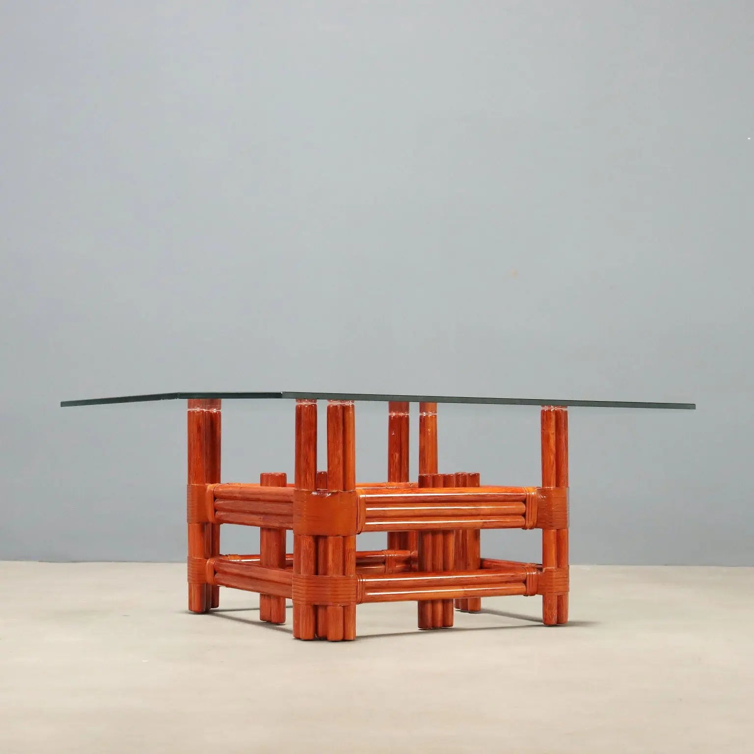 Vintage Coffee Table Red Bamboo of Maugrion Glass Design 1980s