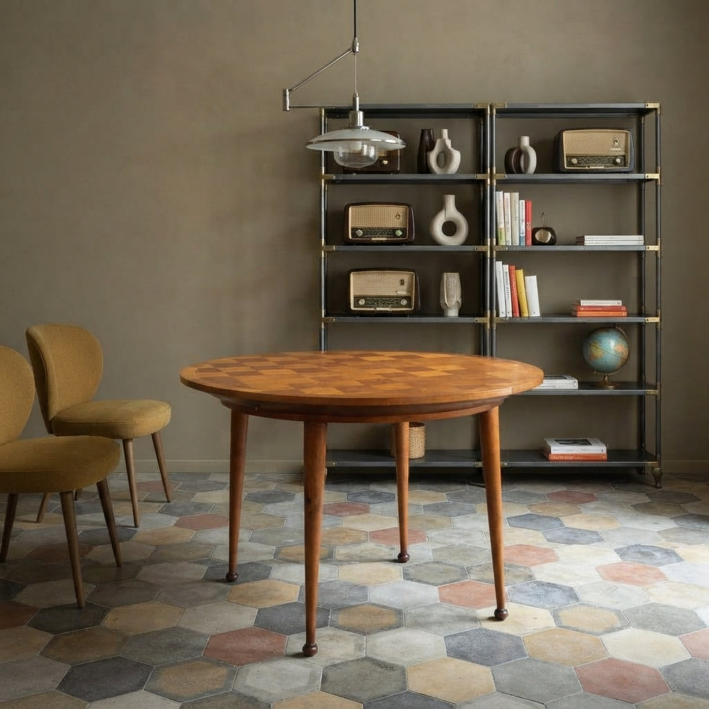 Vintage Table Beech Veneer Checkered Effect Design Italy 1950s
