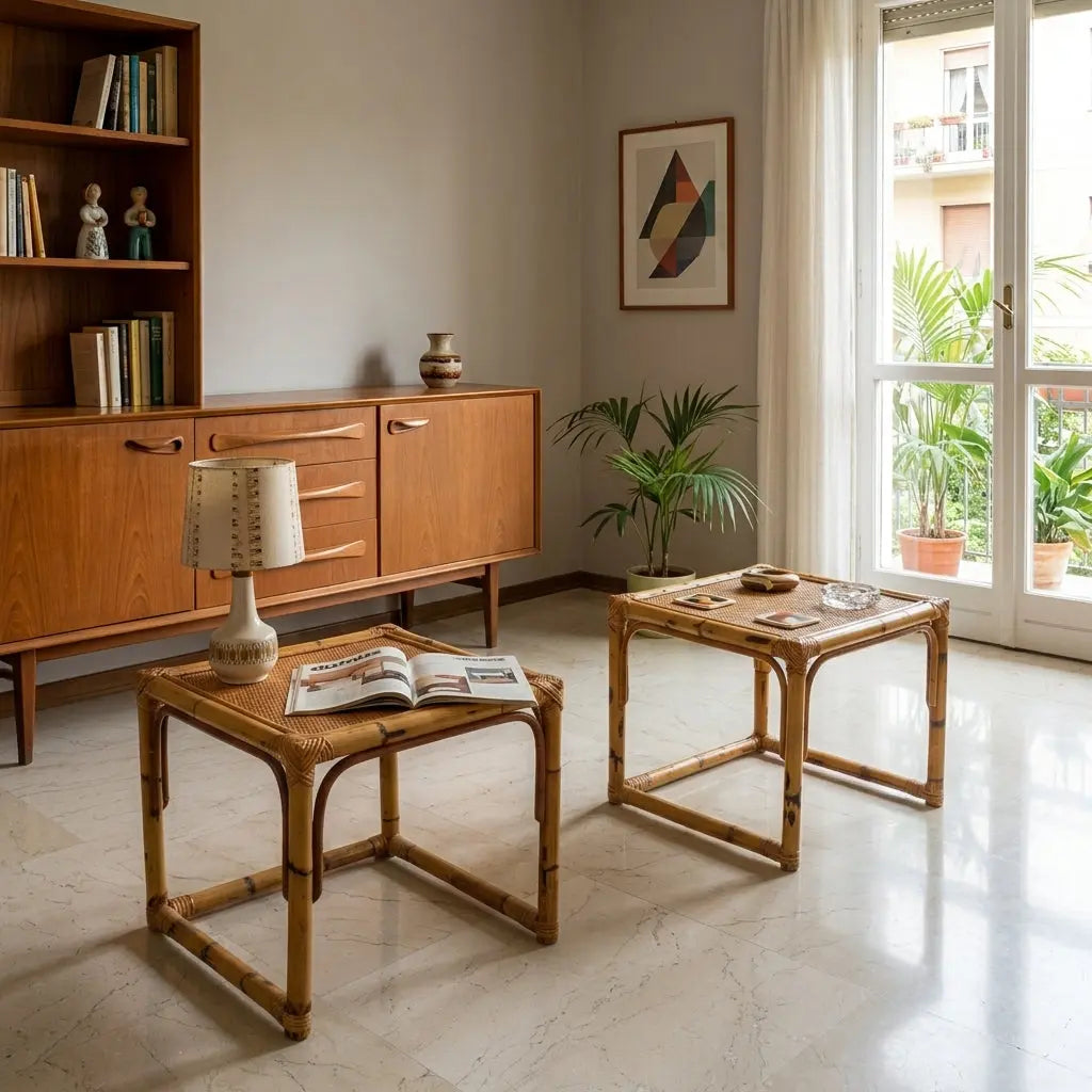 Vintage Coffee Tables Walnut Bamboo Design Italy 1970s-1980s