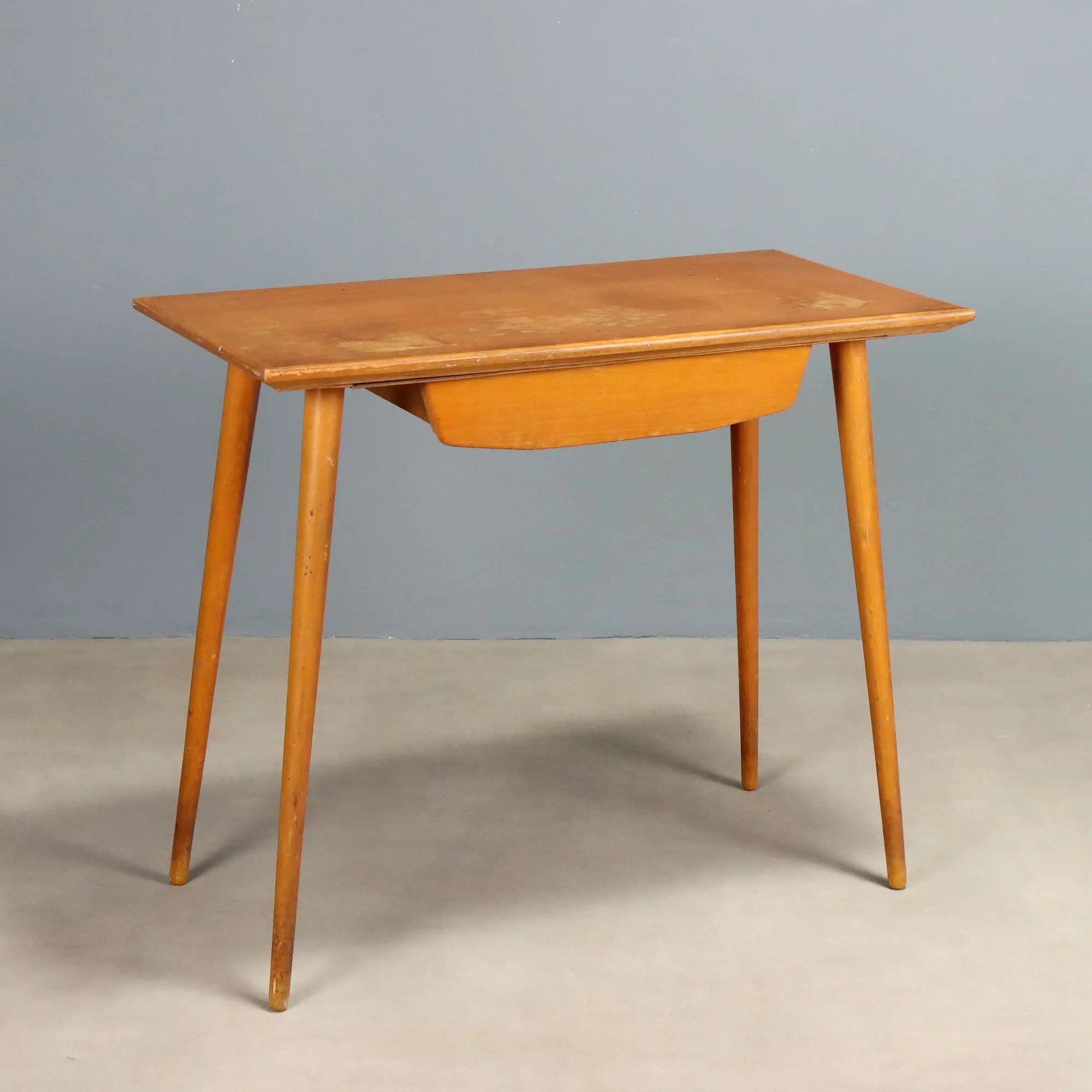 Vintage Writing Desk Beech with Drawer Design Italy 1950s