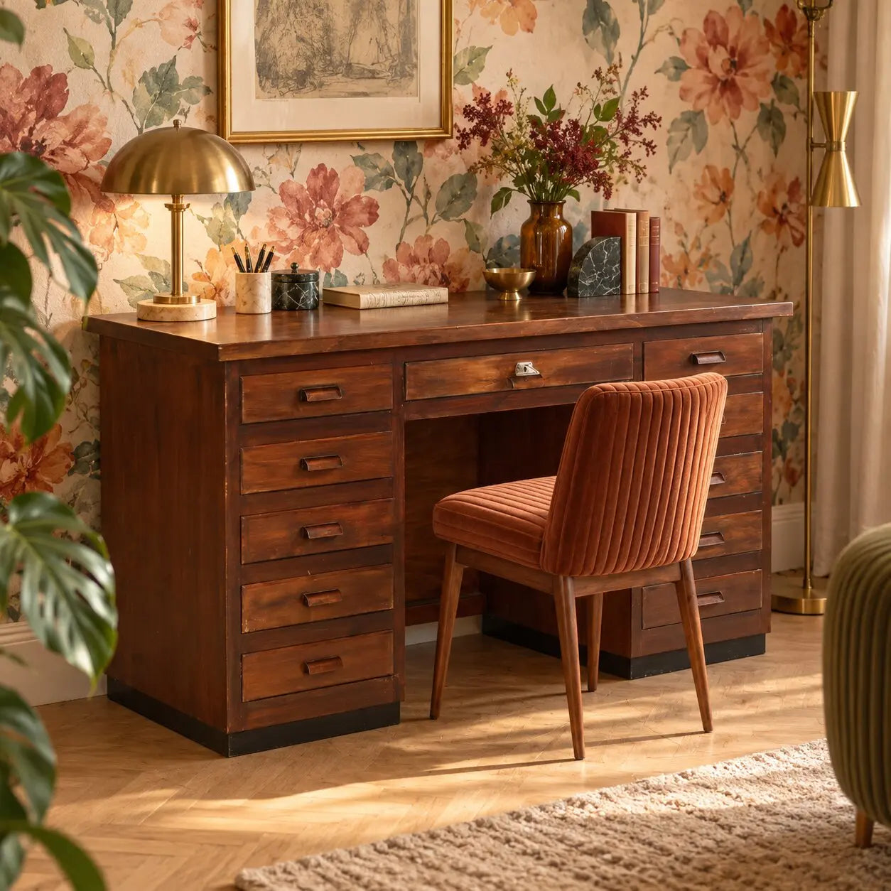 Vintage Writing Desk Walnut Veneer Design Italy 1940s