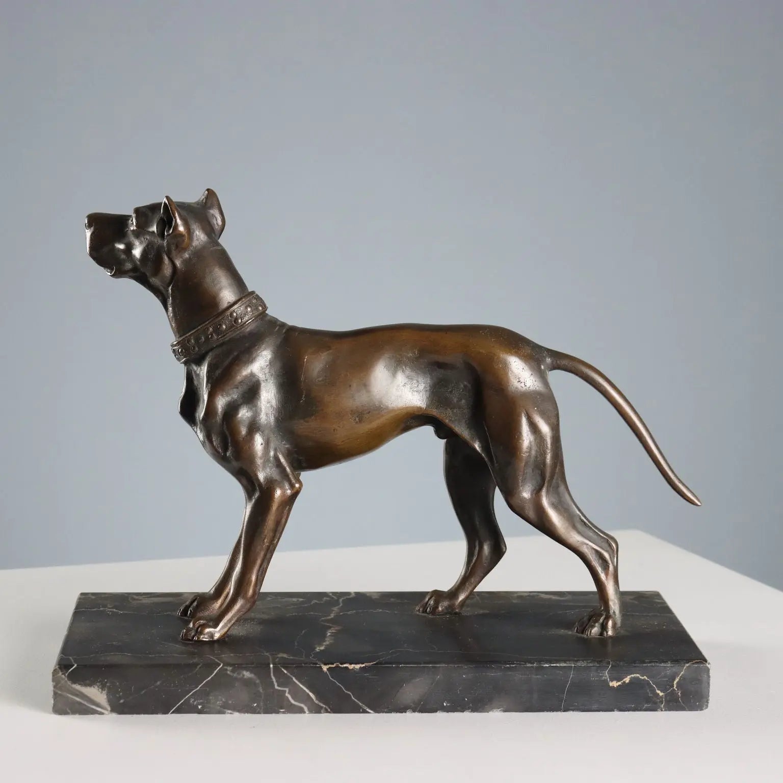 Antique Sculpture Bronze Dog Black Marble Italy XX Century