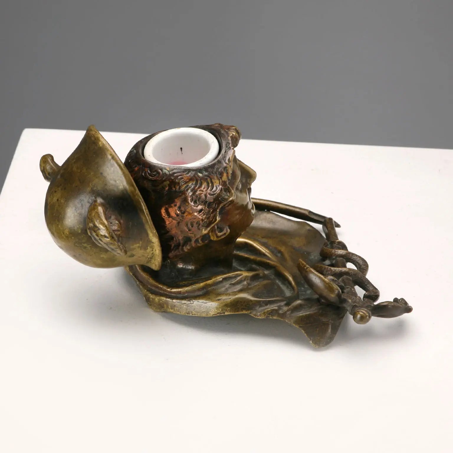 Antique Inkwell Bronze Porcelain Italy XIX Century